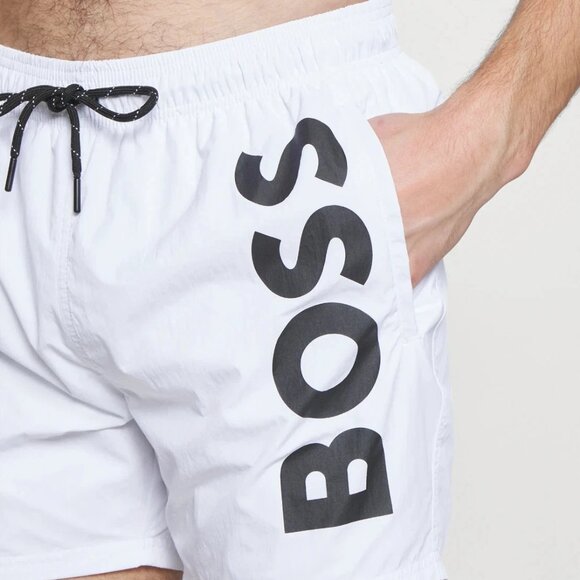 BOSS by Hugo Boss Men's Quick-Drying Large Contrast Logo Swim Shorts White Sz XL - Picture 2 of 4
